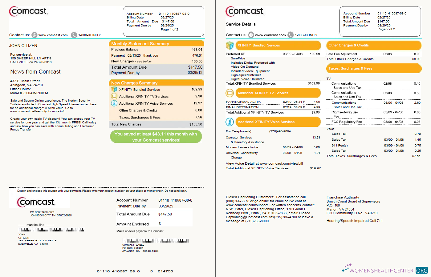 download download USA Comcast utility bill template in Word and PDF formats, 2 pages PDF template PDF template